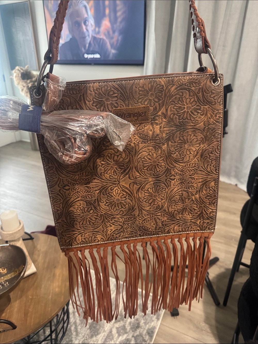 Wrangler Brown Tooled Floral Fringe Shoulder Bag